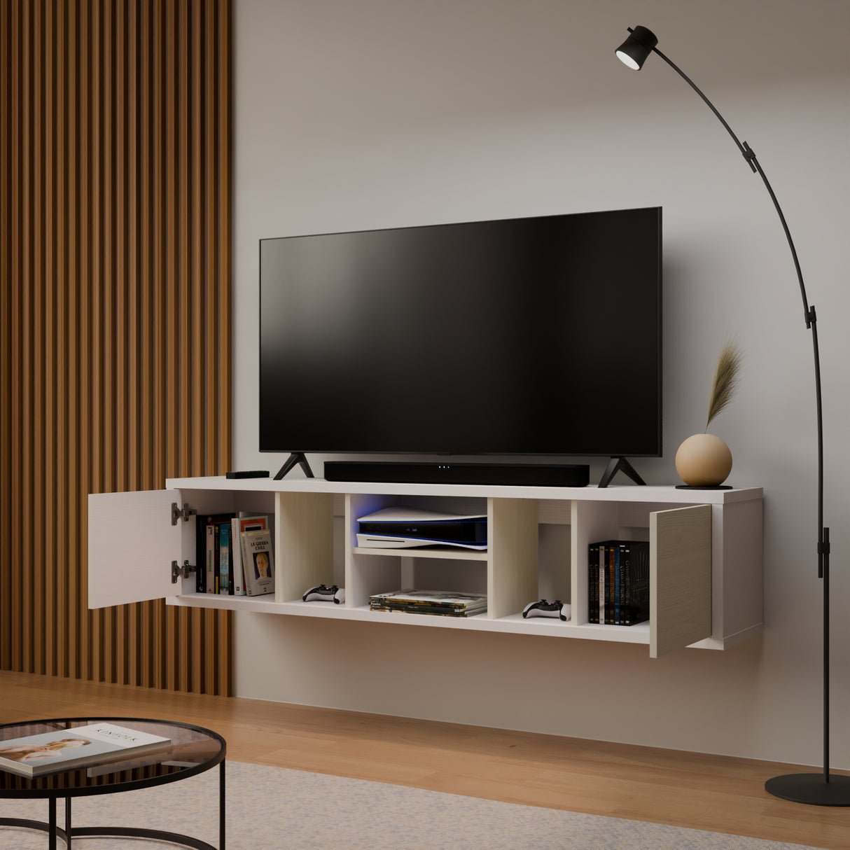 Mesa para TV Flotante Zafiro Blanco y Niebla 160x35cm con Dos Cajones y para TV Hasta 65 Pulgadas - MUEBLES DE TV | Bylmo