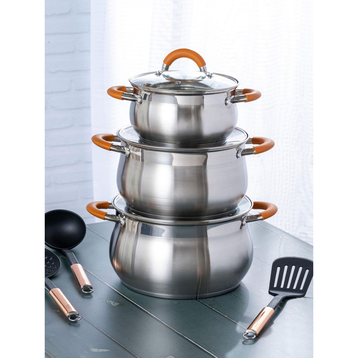 Olla Alta Plateado y Cobre 23.5x20cm De 4.6 Litros Apta para Inducción con Mango de Silicona - OLLAS Y SARTENES | Bylmo