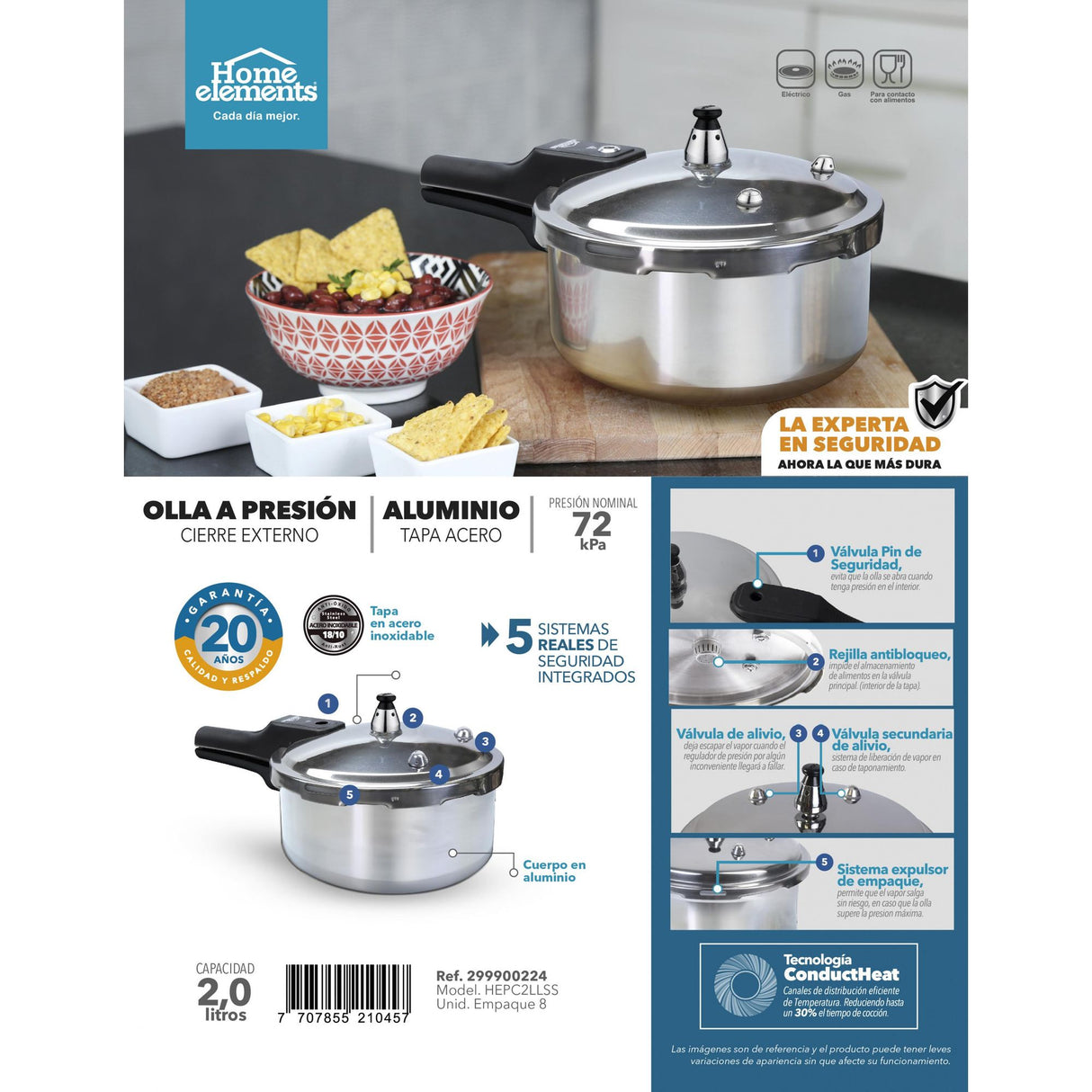 Olla de Presión Plateado y Negro 20.5x17cm De 2 Litros Apta para Inducción con Mango de Baquelita - OLLAS Y SARTENES | Bylmo