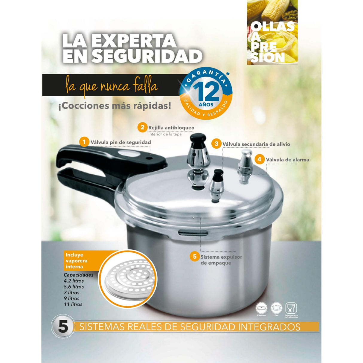 Olla de Presión Plateado y Negro 20.5x20cm De 3.2 Litros Apta para Inducción con Mango de Baquelita - OLLAS Y SARTENES | Bylmo