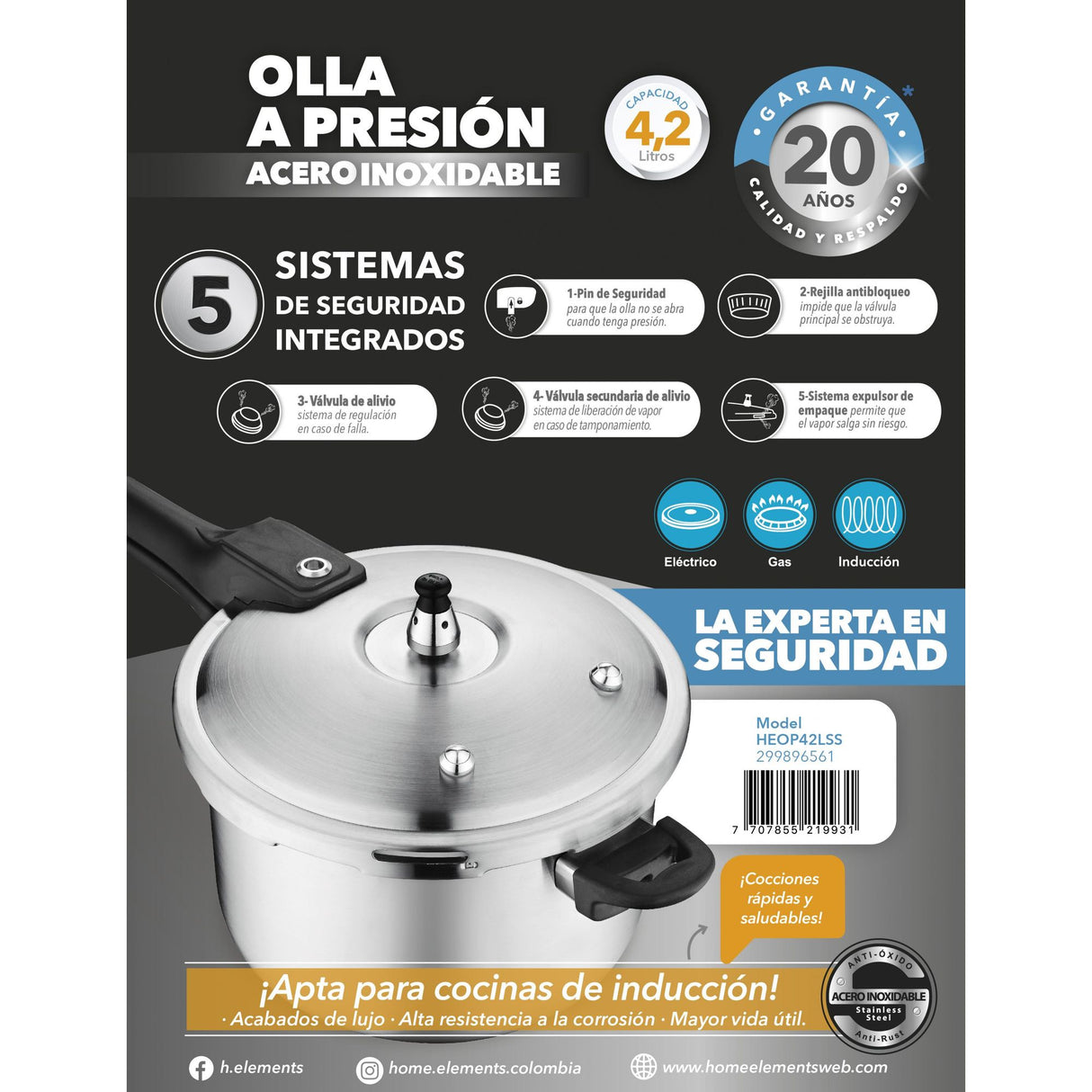 Olla de Presión Plateado y Negro 23x19cm De 4.2 Litros Apta para Inducción con Mango de Baquelita - OLLAS Y SARTENES | Bylmo