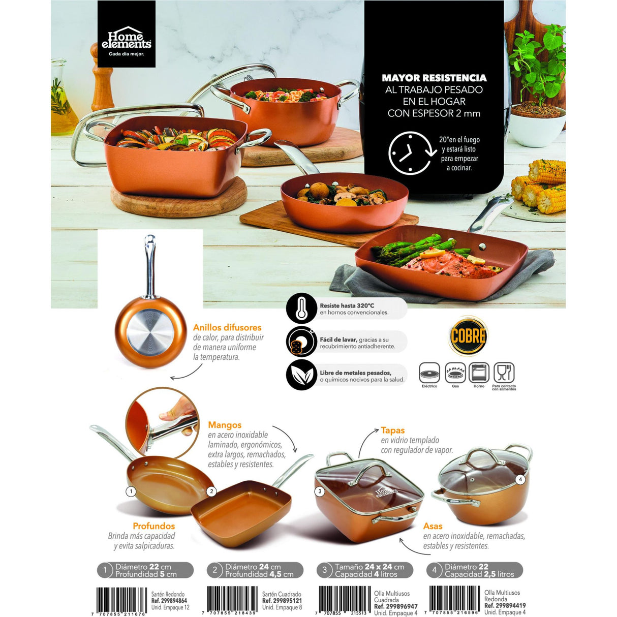 Sartén Hondo Cobre 22x7cm De 1.2 Litros Apta para Inducción con Mango de Acero Inoxidable - OLLAS Y SARTENES | Bylmo