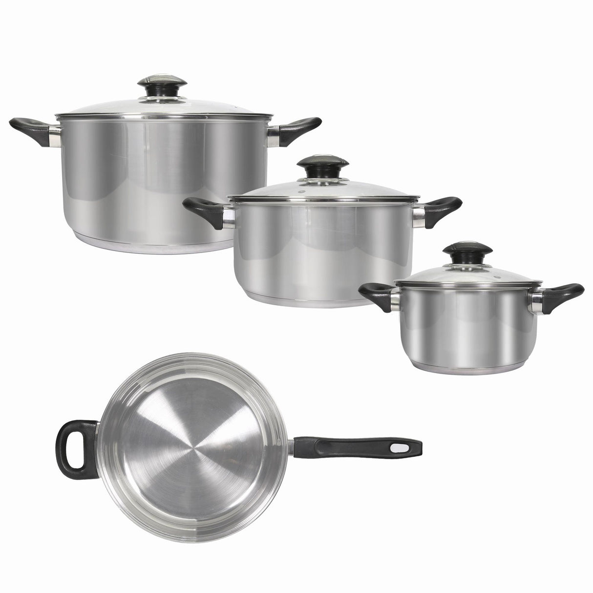 Batería de Cocina Siete Piezas Plateado y Negro 17.5x10cm De 5.2 Litros Apta para Inducción con Mango de Acero Inoxidable - OLLAS Y SARTENES | Bylmo