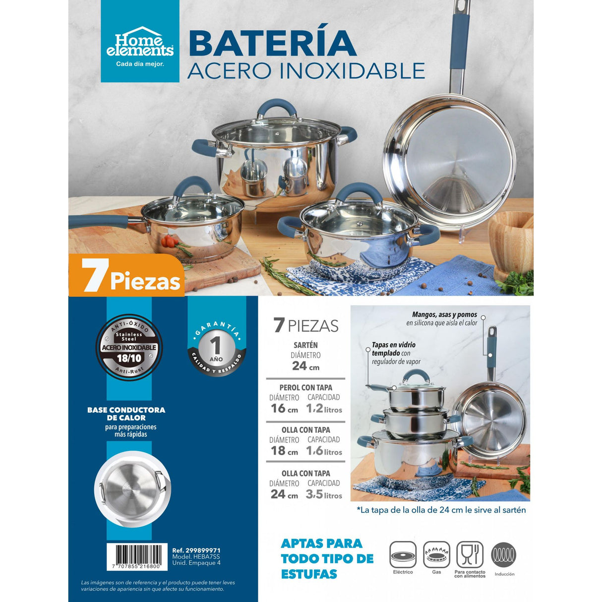 Batería de Cocina Siete Piezas Plateado y Azul 24x6.2cm De 3.5 Litros Apta para Inducción con Mango de Silicona - OLLAS Y SARTENES | Bylmo