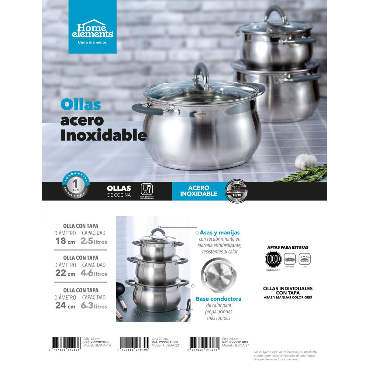 Olla Alta Plateado y Gris 23.5x20cm De 4.6 Litros Apta para Inducción con Mango de Silicona - OLLAS Y SARTENES | Bylmo