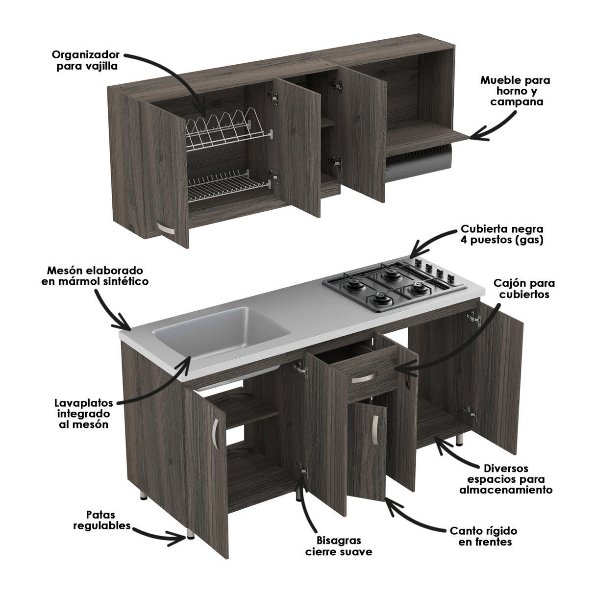Cocina Ambar Mitte 180x213cm Con Mesón Y Estufa Y Con Pozuelo Para Ubicar A La Izquierda O Derecha - COCINAS | Bylmo