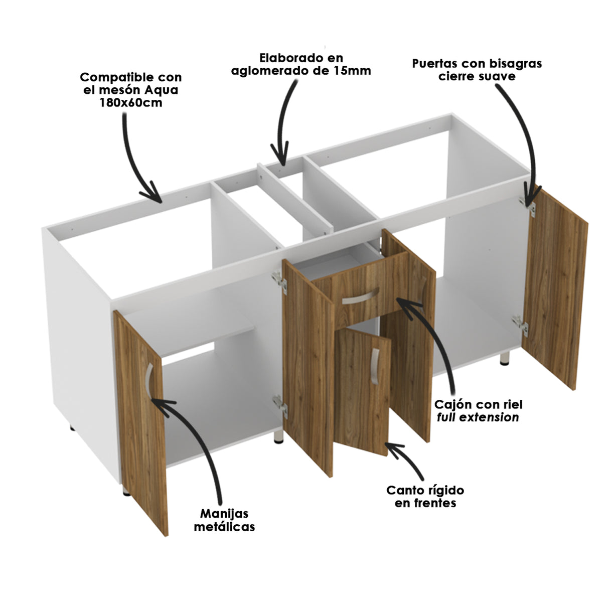 Mueble Inferior de Cocina Ambar Gracia 178x86cm sin Mesón sin Estufa y con Organizador de Cubiertos - MUEBLES INFERIORES DE COCINA | Bylmo