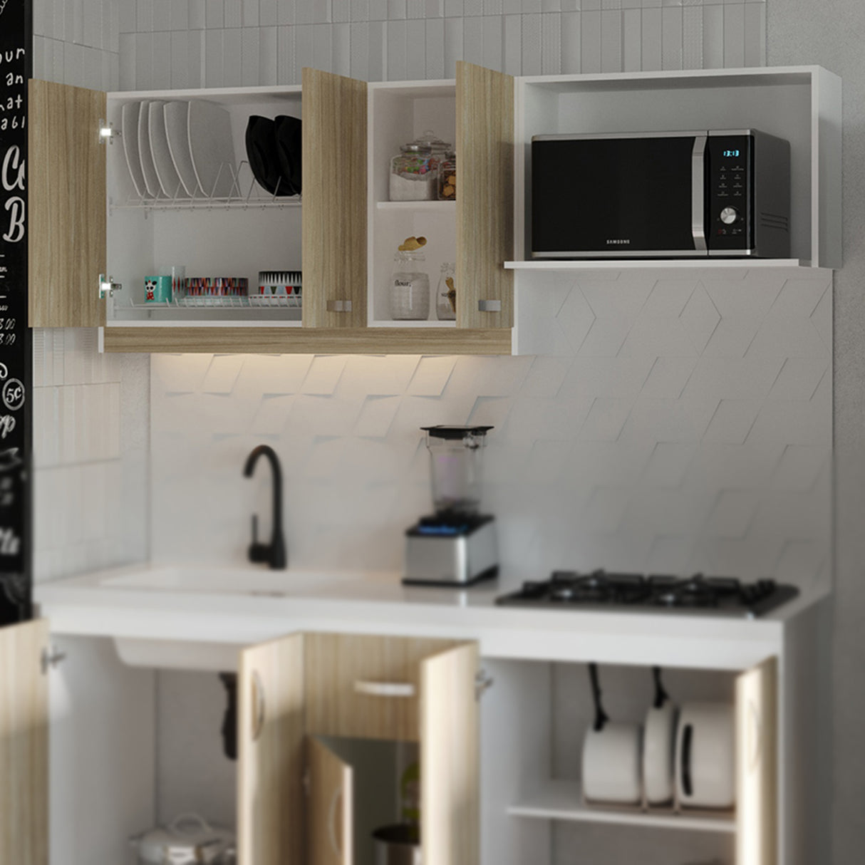 Mueble Superior de Cocina Ambar Soder 180x65cm con Locero Espacio para Extractor Derecha y con Espacio para Microondas - MUEBLES SUPERIORES DE COCINA | Bylmo