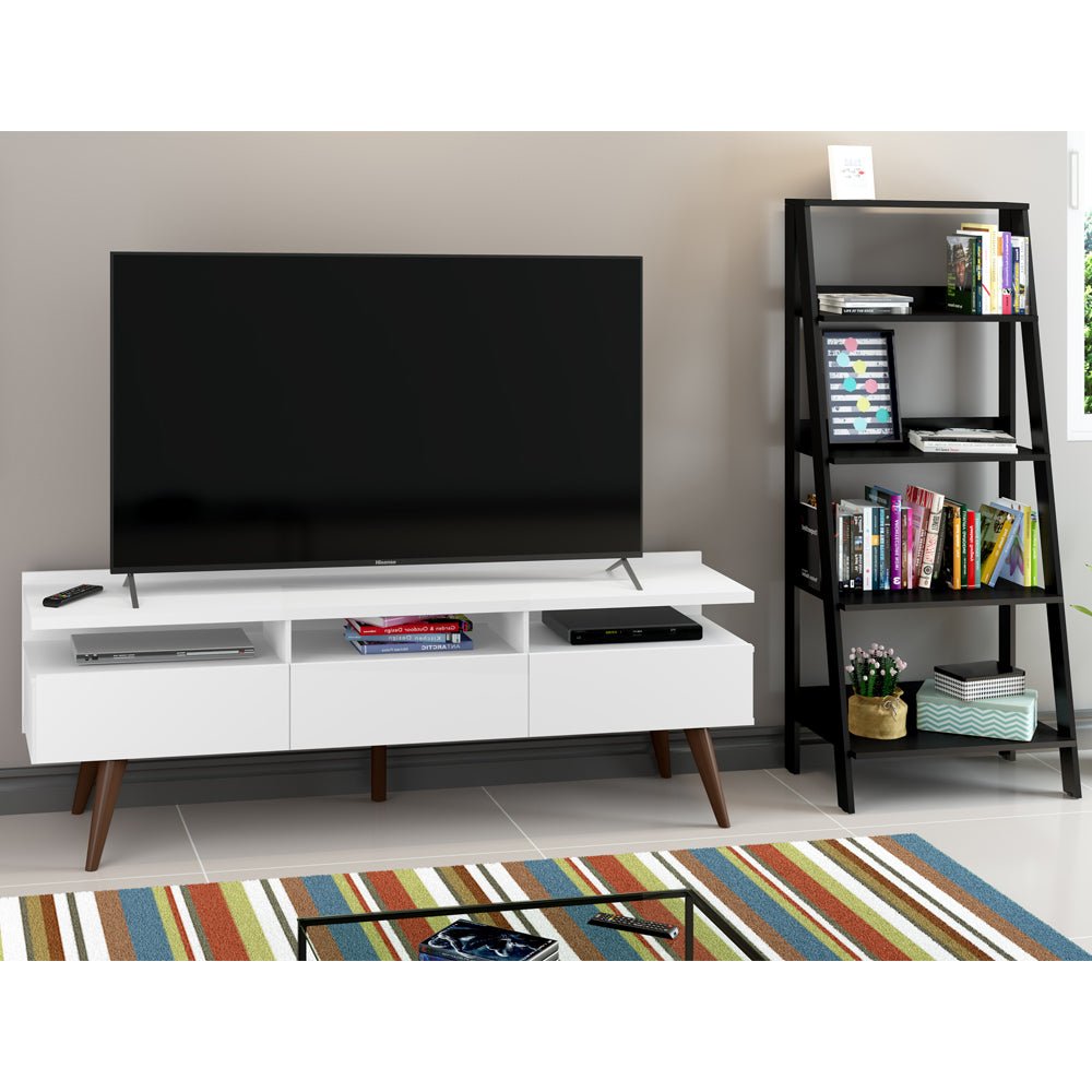 Combo Mueble de TV y Biblioteca Londres Blanco y Negro 61x140cm Para TV Hasta 65 Pulgadas con Ranuras para Cables - MUEBLES DE TV | Bylmo