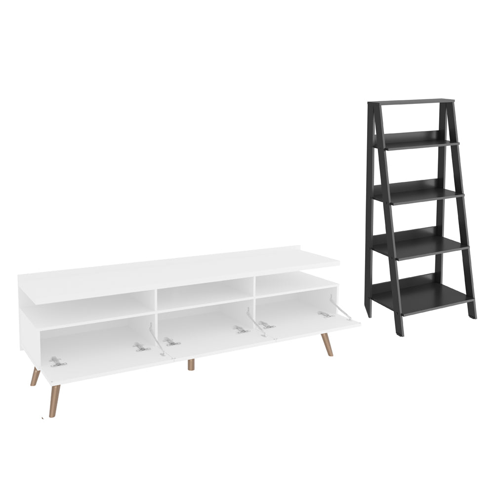Combo Mueble de TV y Biblioteca Londres Blanco y Negro 61x140cm Para TV Hasta 65 Pulgadas con Ranuras para Cables - MUEBLES DE TV | Bylmo