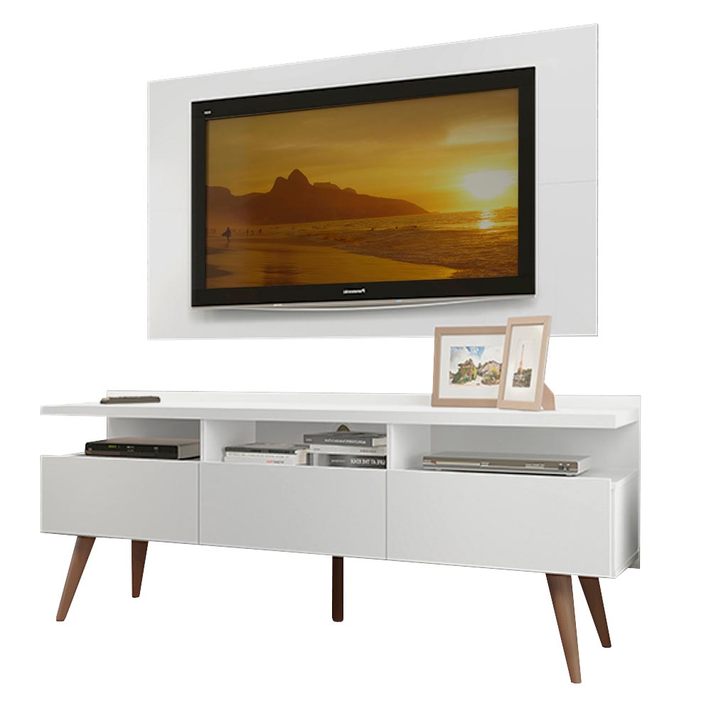 Combo Mueble y Panel de TV Londres Blanco 160x141cm Para TV Hasta 55 Pulgadas con Ranuras para Cables - MUEBLES DE TV | Bylmo
