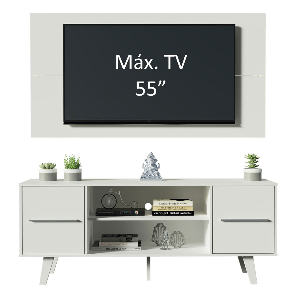 Combo Mueble y Panel de TV Copenhagen Blanco 136x126cm Para TV Hasta 55 Pulgadas con Ranuras para Cables - MUEBLES DE TV | Bylmo