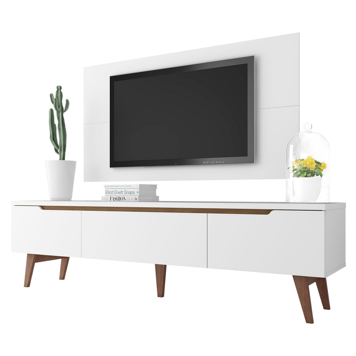 Combo Mueble y Panel de TV Reims Blanco 180x122cm Para TV Hasta 55 Pulgadas con Ranuras para Cables - MUEBLES DE TV | Bylmo