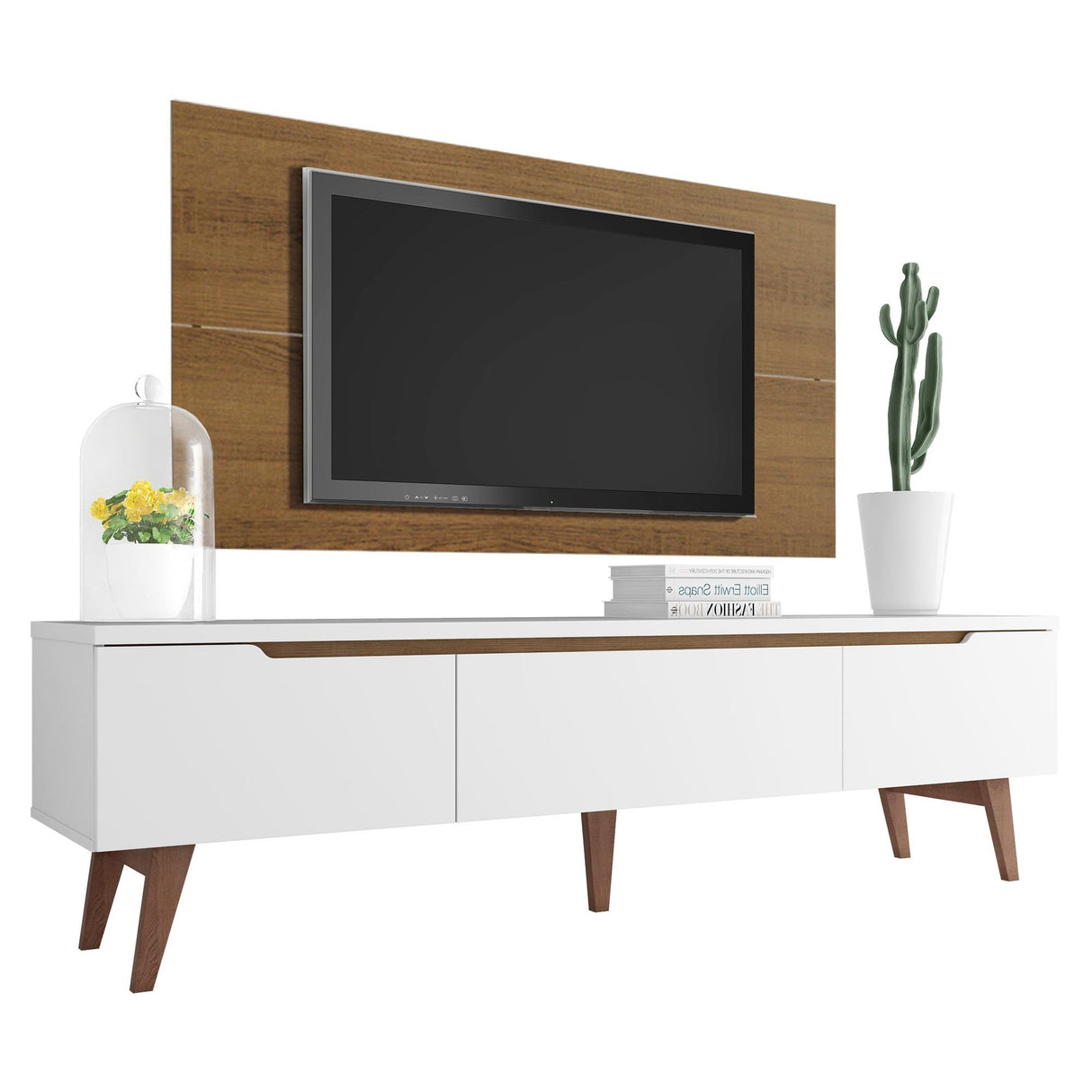 Combo Mueble y Panel de TV Reims Blanco y Marron 180x122cm Para TV Hasta 55 Pulgadas con Ranuras para Cables - MUEBLES DE TV | Bylmo