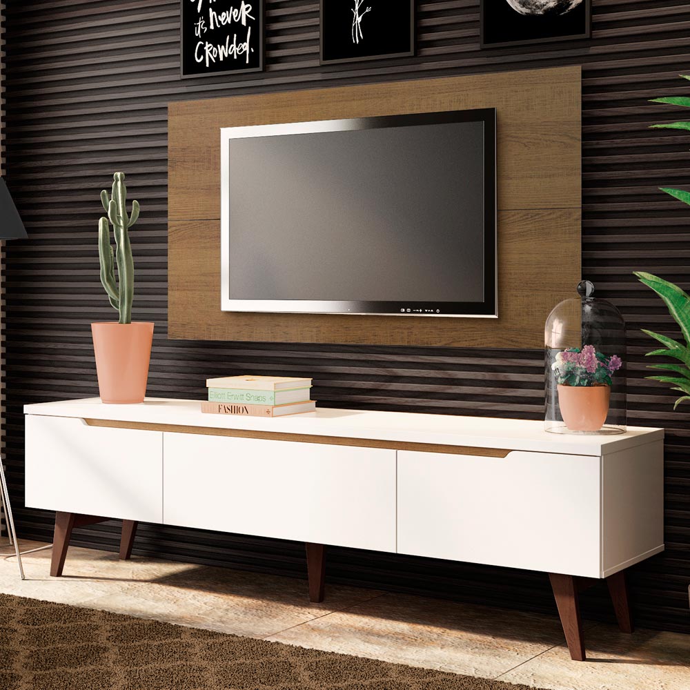 Combo Mueble y Panel de TV Reims Blanco y Marron 180x122cm Para TV Hasta 55 Pulgadas con Ranuras para Cables - MUEBLES DE TV | Bylmo