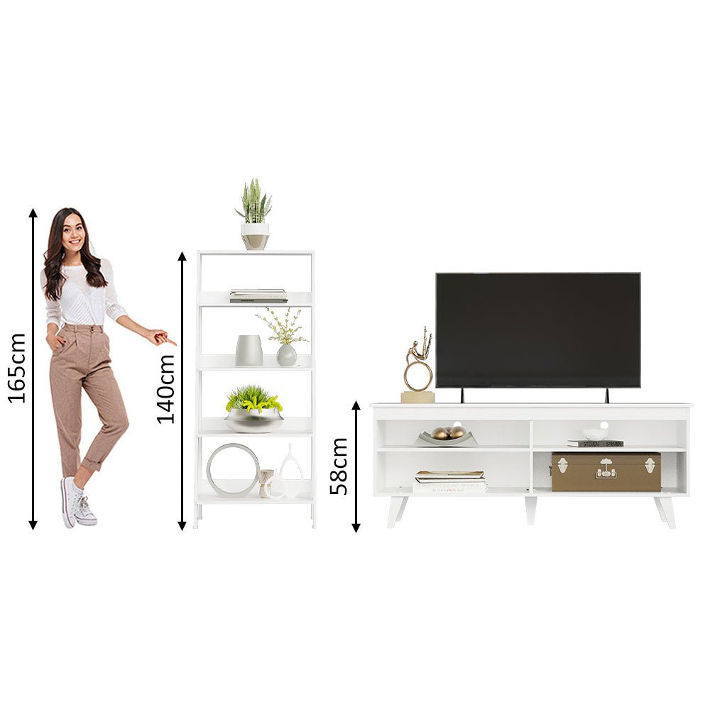 Combo Mueble de TV y Biblioteca Udine Blanco 150x58cm Para TV Hasta 65 Pulgadas con Ranuras para Cables - MUEBLES DE TV | Bylmo