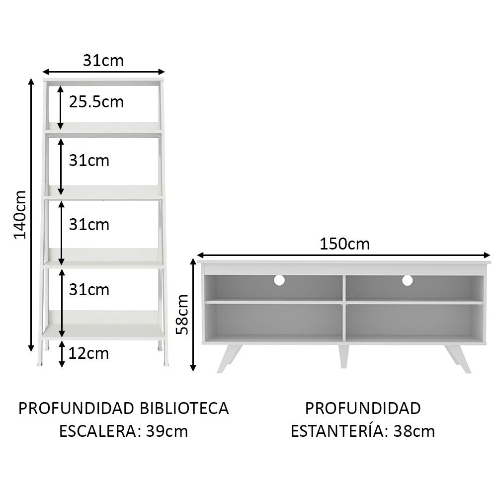Combo Mueble de TV y Biblioteca Udine Blanco 150x58cm Para TV Hasta 65 Pulgadas con Ranuras para Cables - MUEBLES DE TV | Bylmo