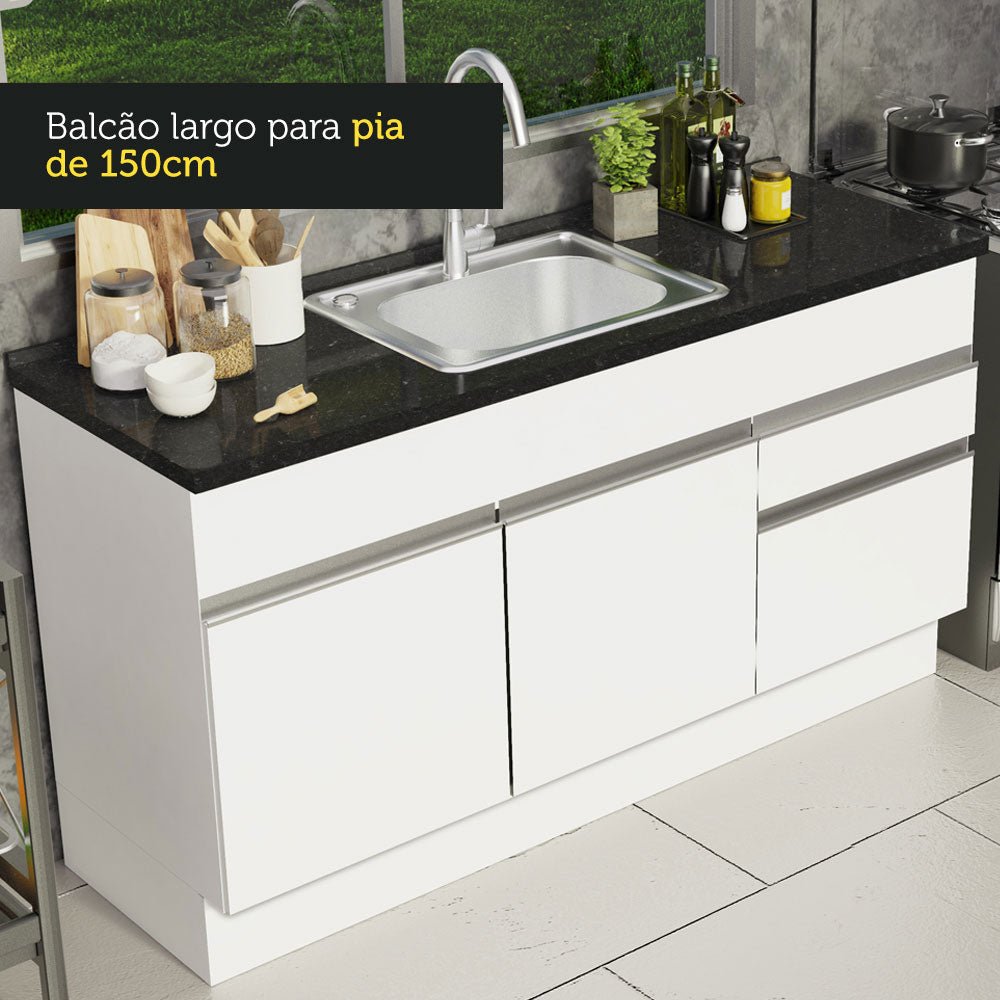 Mueble Inferior de Cocina Glamy Blanco 150x81cm con Mesón de Madera y sin Estufa con 2 Cajones - MUEBLES INFERIORES DE COCINA | Bylmo