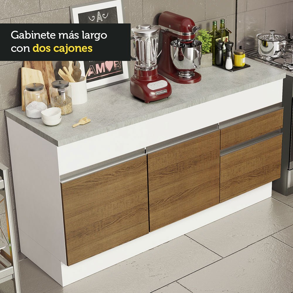 Mueble Inferior de Cocina Glamy Blanco y Marron 150x84cm con Mesón de Madera y sin Estufa - MUEBLES INFERIORES DE COCINA | Bylmo