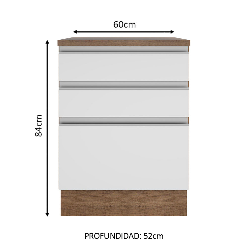 Mueble Inferior de Cocina Glamy Marron y Blanco 60x84cm con Mesón de Madera y sin Estufa con 3 Cajones - MUEBLES INFERIORES DE COCINA | Bylmo