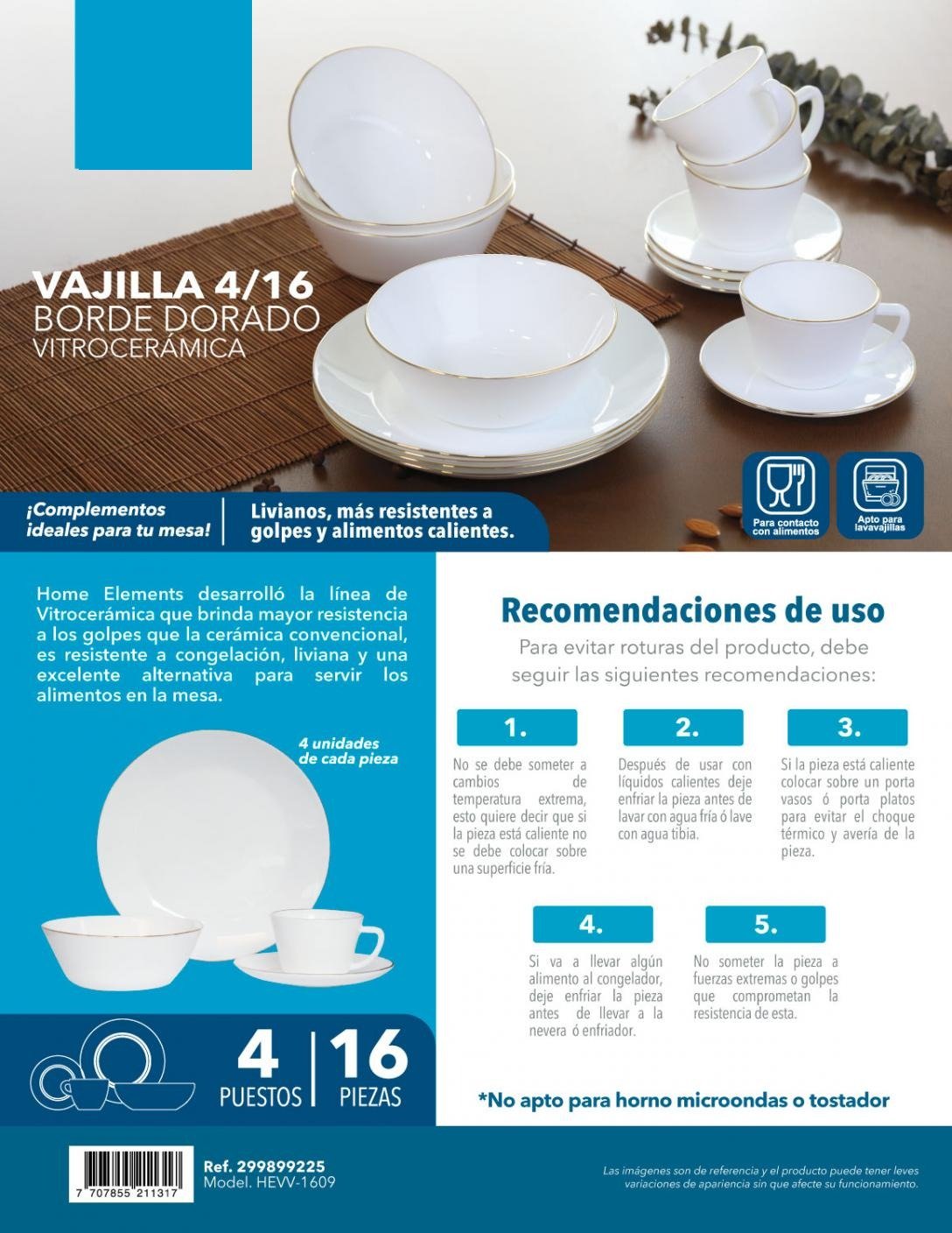 Juego de Vajillas de 16 Piezas Vitrocerámica Blanco y Dorado 24x2.5cm para Cuatro Puestos con Acabado Brillante - VAJILLA | Bylmo