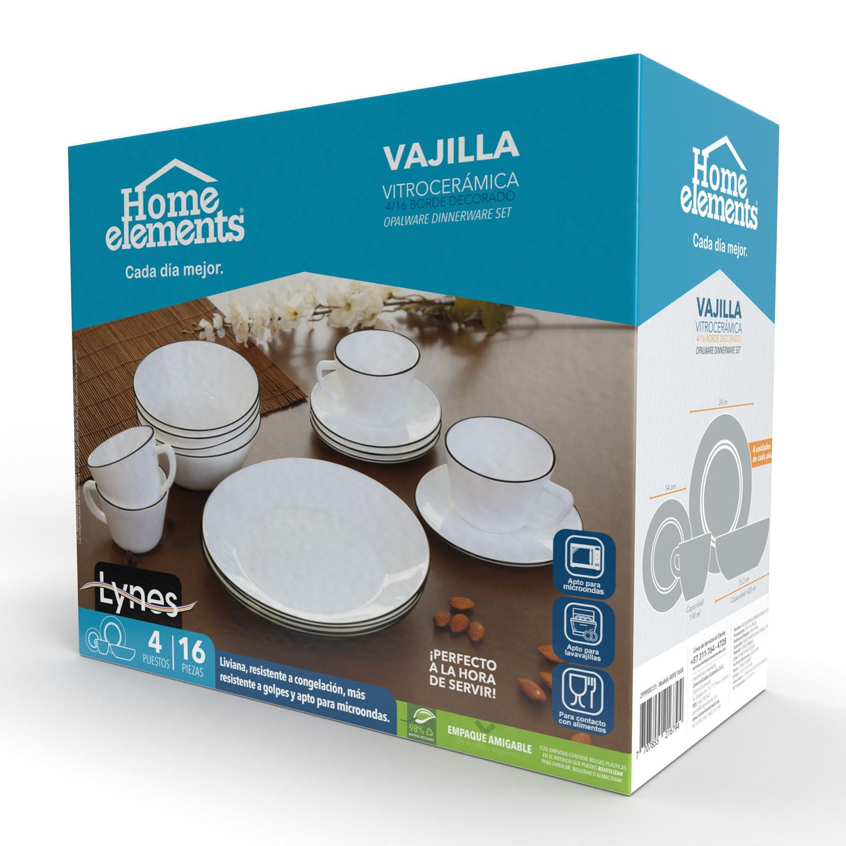 Juego de Vajillas de 16 Piezas Vitrocerámica Blanco y Negro 24x2.5cm para Cuatro Puestos con Acabado Brillante - VAJILLA | Bylmo