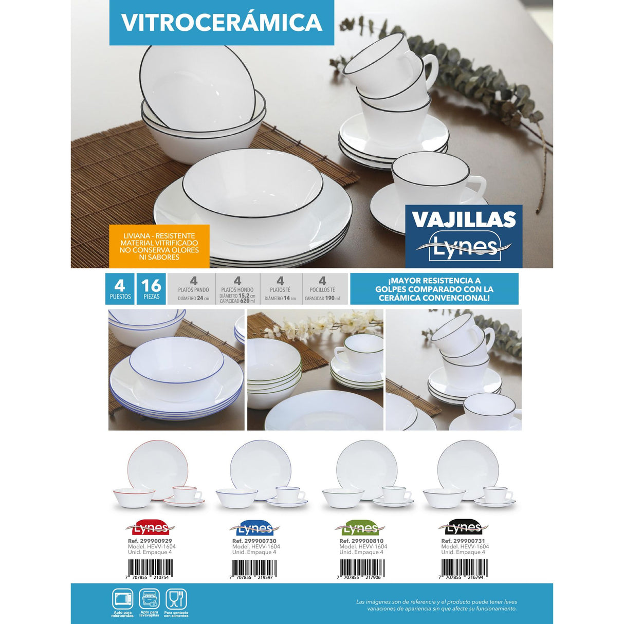 Juego de Vajillas de 16 Piezas Vitrocerámica Blanco y Negro 24x2.5cm para Cuatro Puestos con Acabado Brillante - VAJILLA | Bylmo