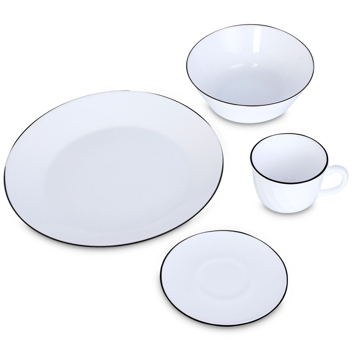Juego de Vajillas de 16 Piezas Vitrocerámica Blanco y Negro 24x2.5cm para Cuatro Puestos con Acabado Brillante - VAJILLA | Bylmo