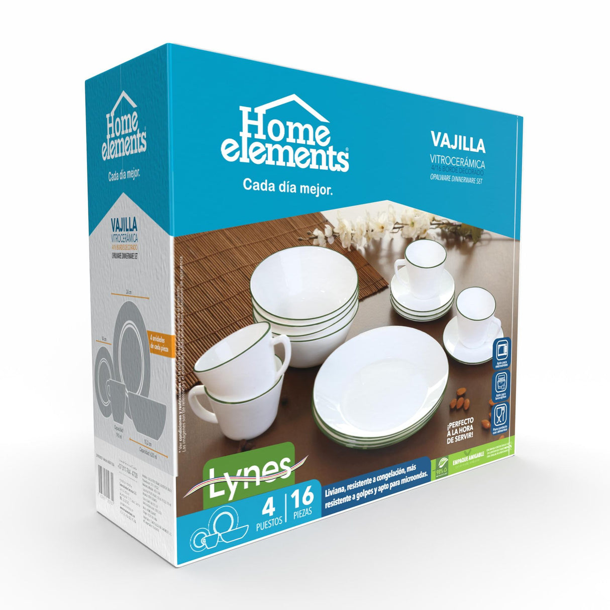 Juego de Vajillas de 16 Piezas Vitrocerámica Blanco y Verde 24x2.5cm para Cuatro Puestos con Acabado Brillante - VAJILLA | Bylmo