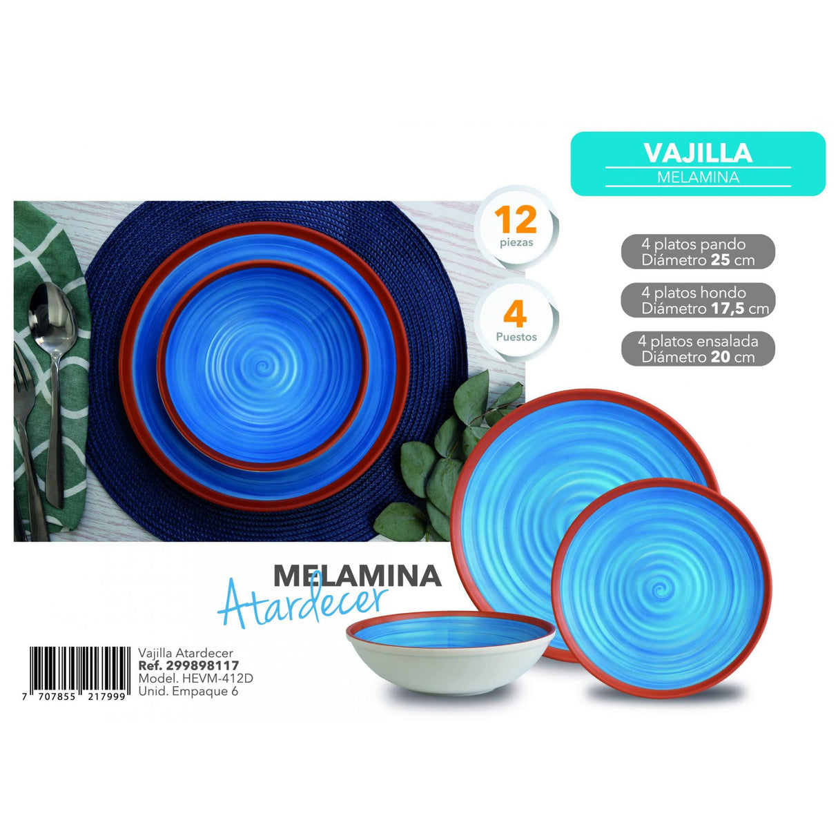 Juego de Vajillas de 12 Piezas Vitrocerámica Azul 25x2.5cm para Cuatro Puestos con Acabado Mate - VAJILLA | Bylmo