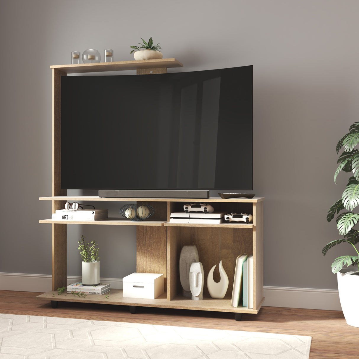 Centro de Entretenimiento Amaretto 130x146cm para TV Hasta 55 Pulgadas con Ranuras para Cables y con Cinco Compartimientos - MUEBLES DE TV | Bylmo