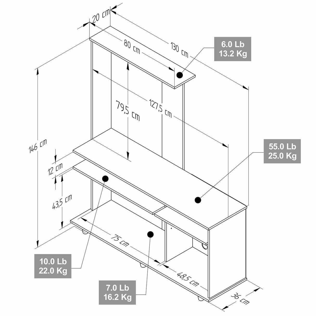 Centro de Entretenimiento Amaretto 130x146cm para TV Hasta 55 Pulgadas con Ranuras para Cables y con Cinco Compartimientos - MUEBLES DE TV | Bylmo