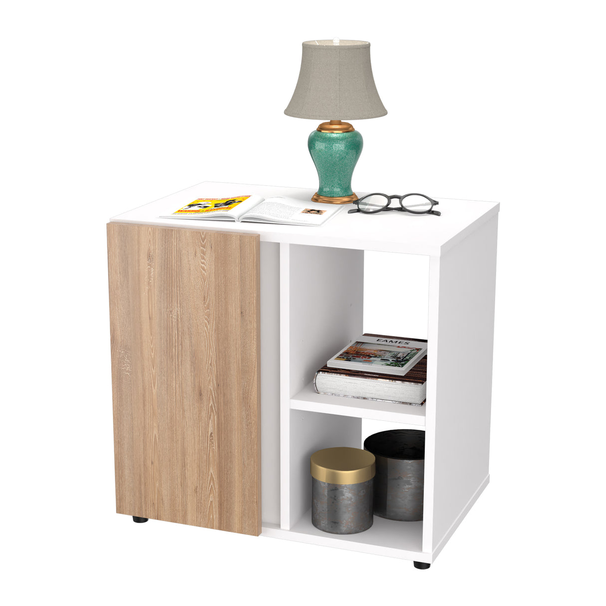 Mesa de Noche Blanco y Amaretto 53x51cm con Tres Entrepaños y con Patas - MESAS DE NOCHE | Bylmo