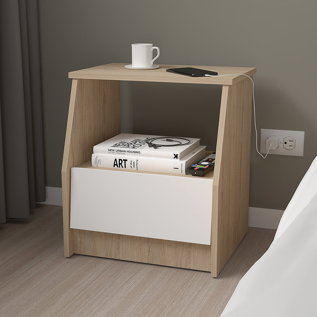 Mesa de Noche Arena y Blanco 45x50cm con Dos Entrepaños y con Patas - MESAS DE NOCHE | Bylmo