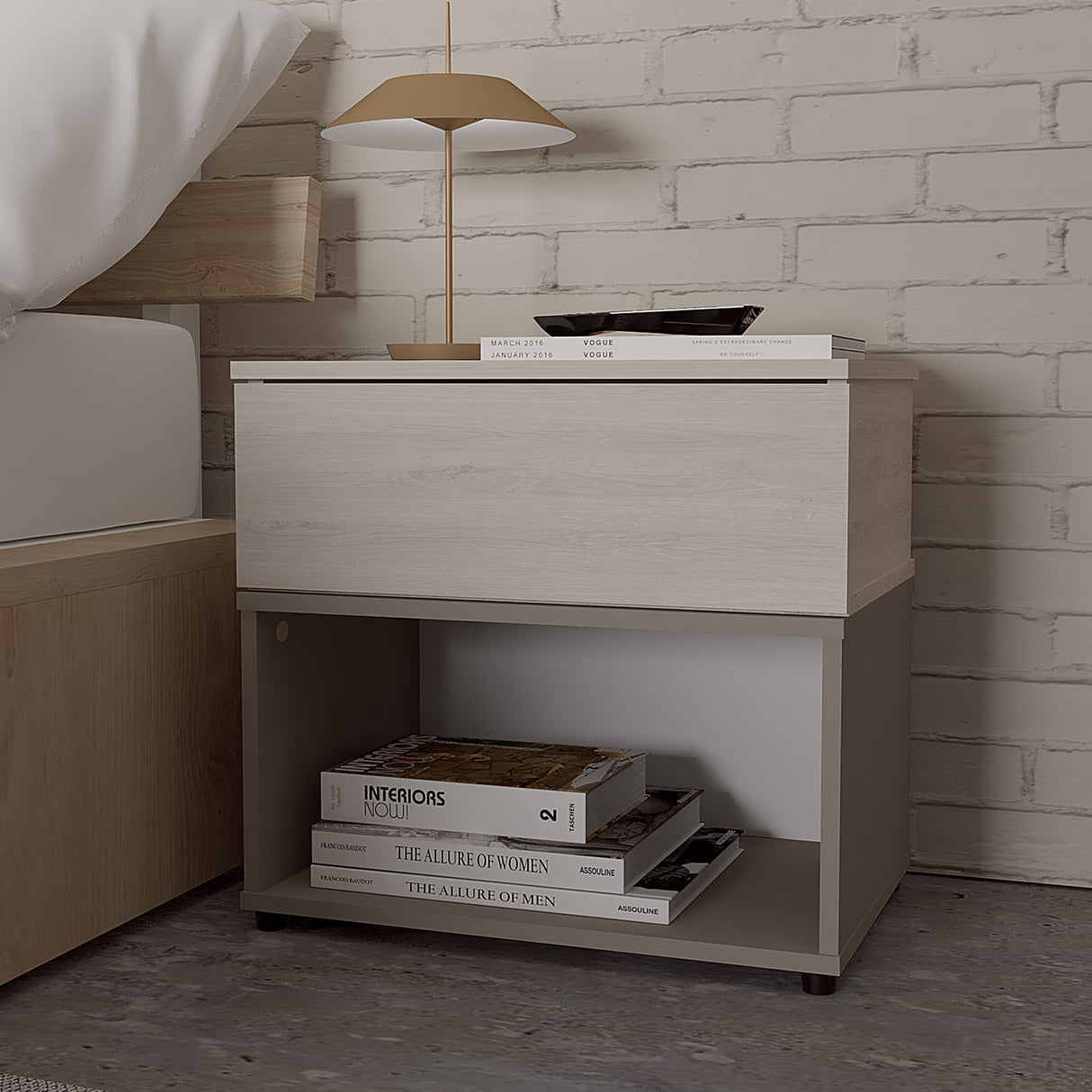 Mesa de Noche Chantilli y Taupe 53x50cm con Dos Entrepaños y con Patas - MESAS DE NOCHE | Bylmo