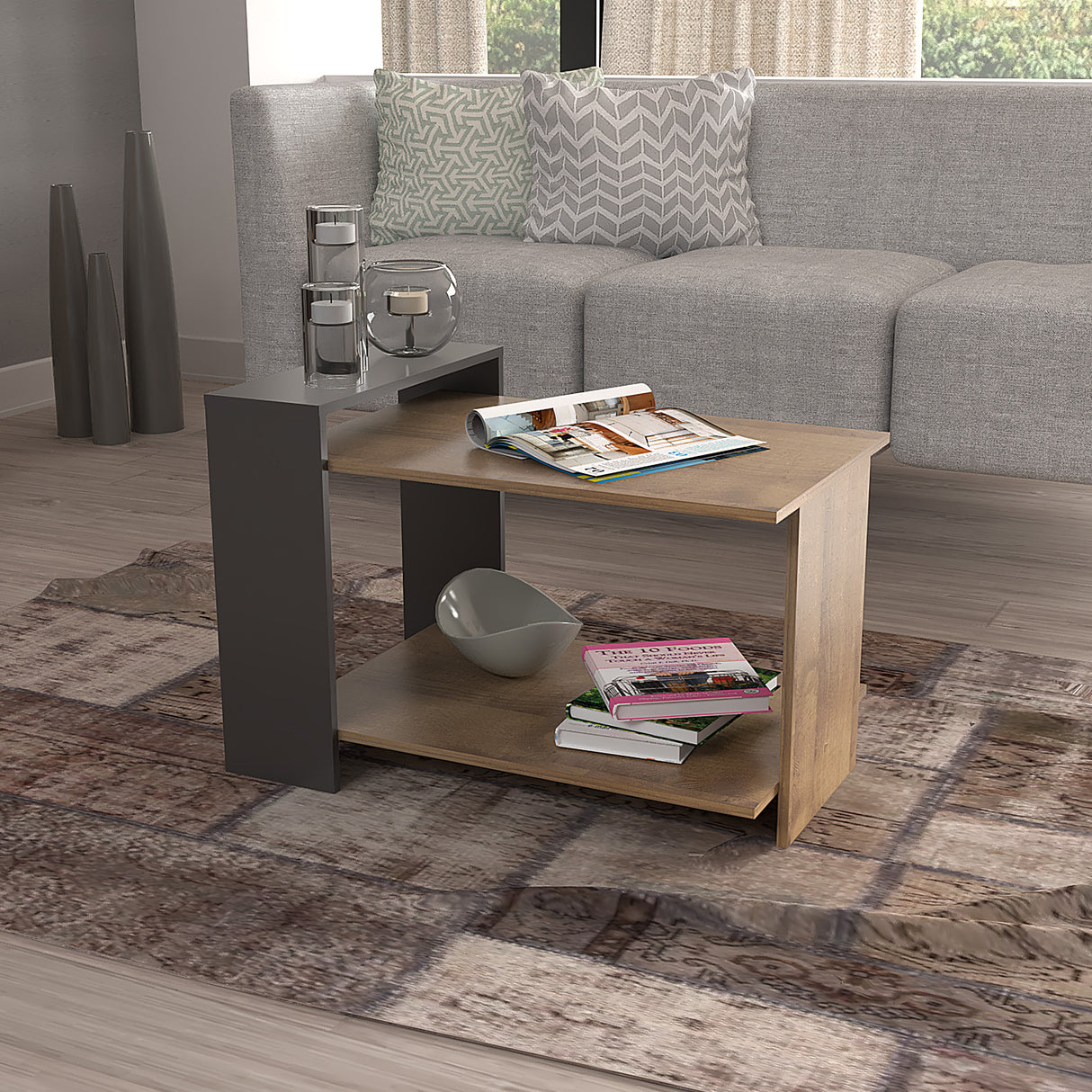 Mesa de Centro Amaretto y Plomo 66x45cm con Compartimientos - MESAS DE CENTRO | Bylmo