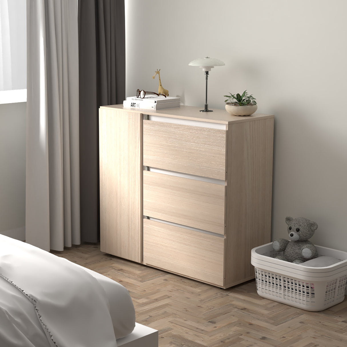 Cómoda Arena y Blanco 100x91cm con Tres Cajones y con Patas - CAJONERAS Y COMODAS | Bylmo