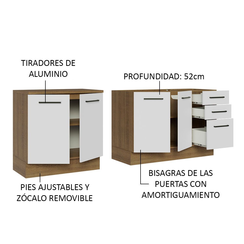 Set X 2 Muebles Inferiores de Cocina Agata Marron y Blanco 200x84cm sin Mesón sin Estufa y con Tres Cajones - MUEBLES INFERIORES DE COCINA | Bylmo