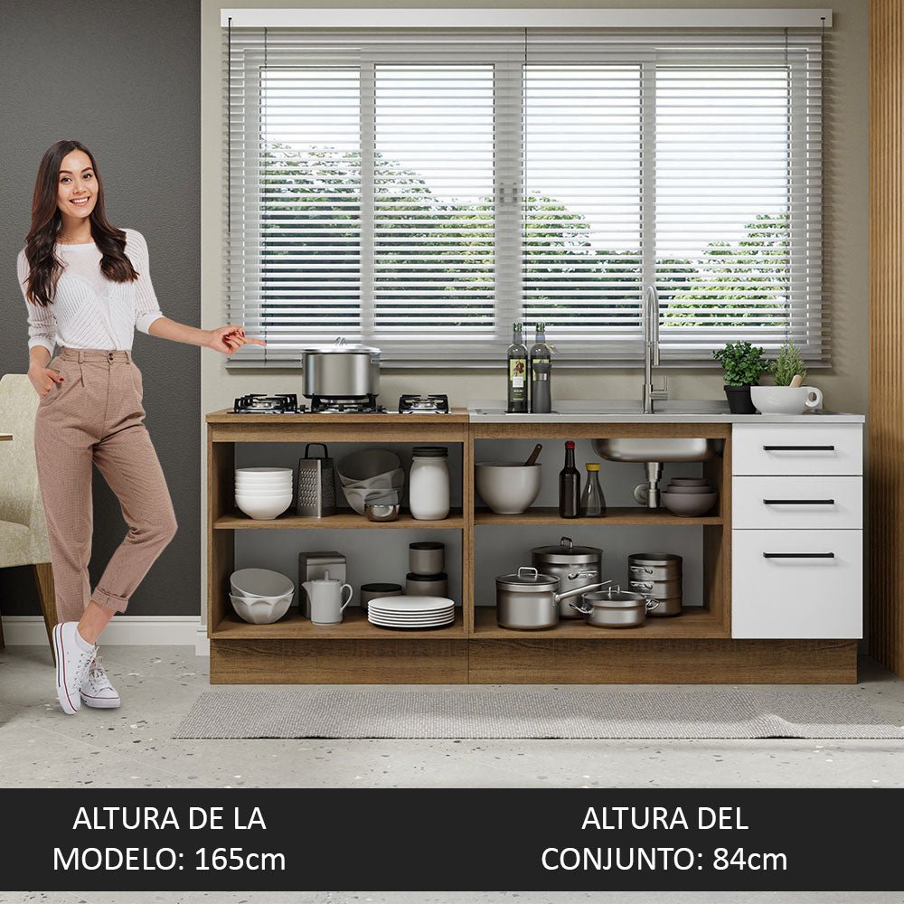 Set X 2 Muebles Inferiores de Cocina Agata Marron y Blanco 200x84cm sin Mesón sin Estufa y con Tres Cajones - MUEBLES INFERIORES DE COCINA | Bylmo