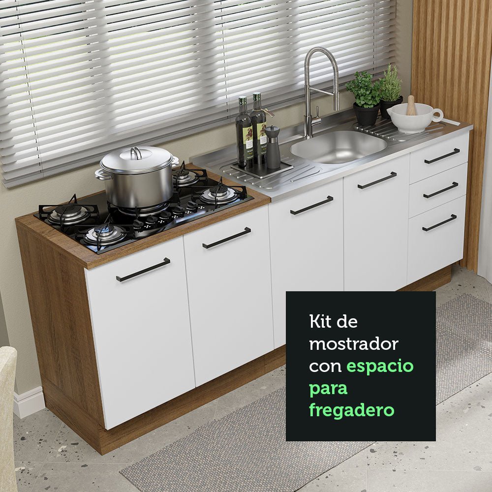 Set X 2 Muebles Inferiores de Cocina Agata Marron y Blanco 200x84cm sin Mesón sin Estufa y con Tres Cajones - MUEBLES INFERIORES DE COCINA | Bylmo