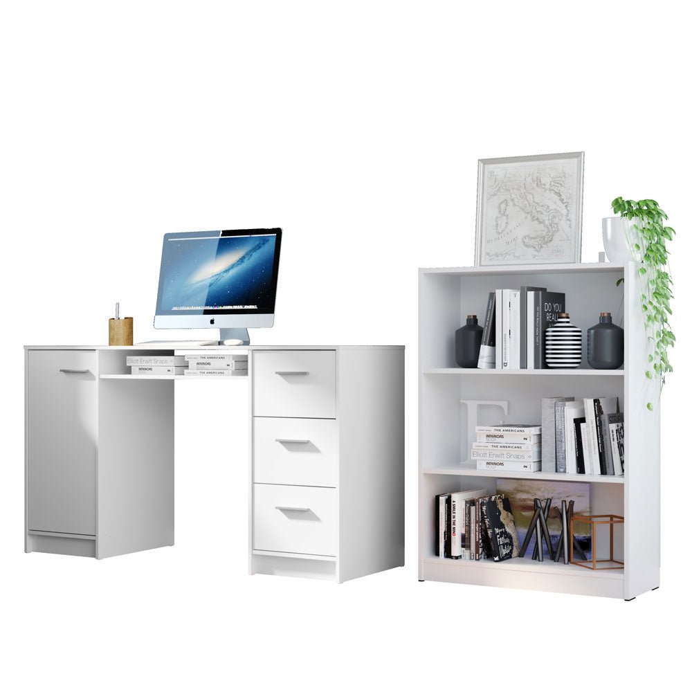 Combo Escritorio y Biblioteca Alaska Blanco 207x102cm con Tres Cajones y con Archivador - ESCRITORIOS | Bylmo