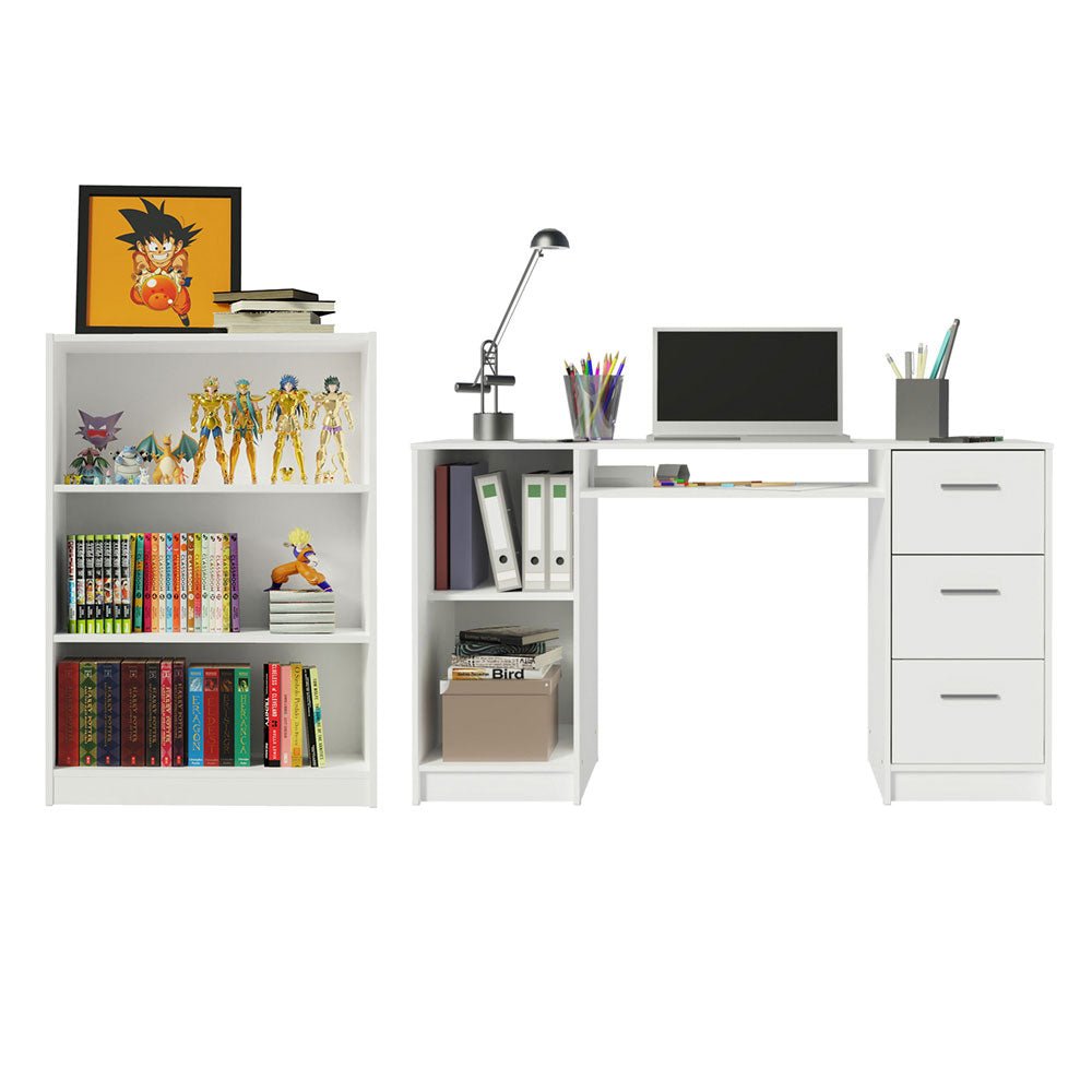 Combo Escritorio y Biblioteca Alaska Blanco 207x102cm con Tres Cajones y con Archivador - ESCRITORIOS | Bylmo