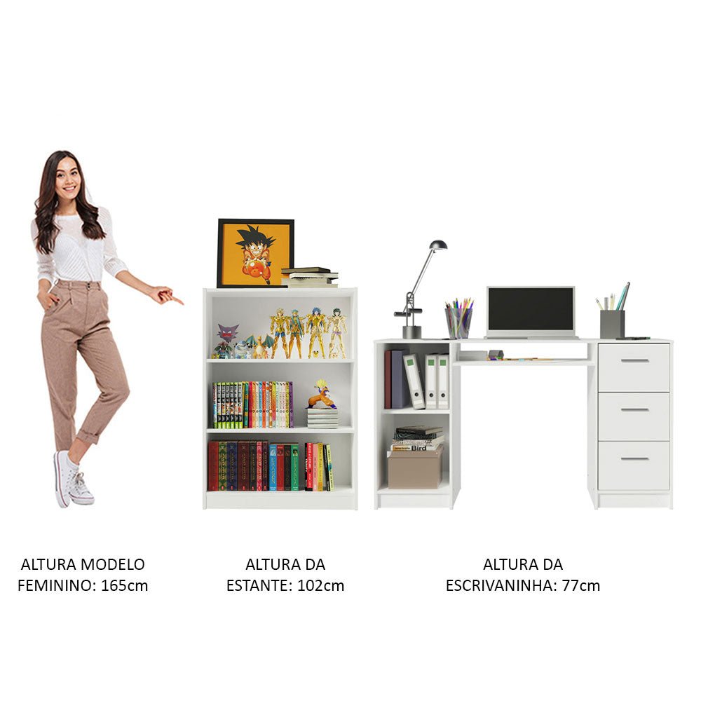 Combo Escritorio y Biblioteca Alaska Blanco 207x102cm con Tres Cajones y con Archivador - ESCRITORIOS | Bylmo