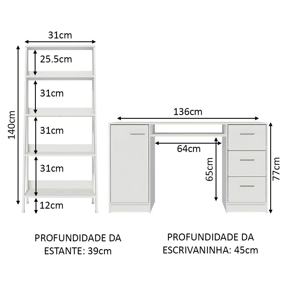 Combo Escritorio y Biblioteca Alaska Blanco 136x77cm con Tres Cajones y con Archivador - ESCRITORIOS | Bylmo