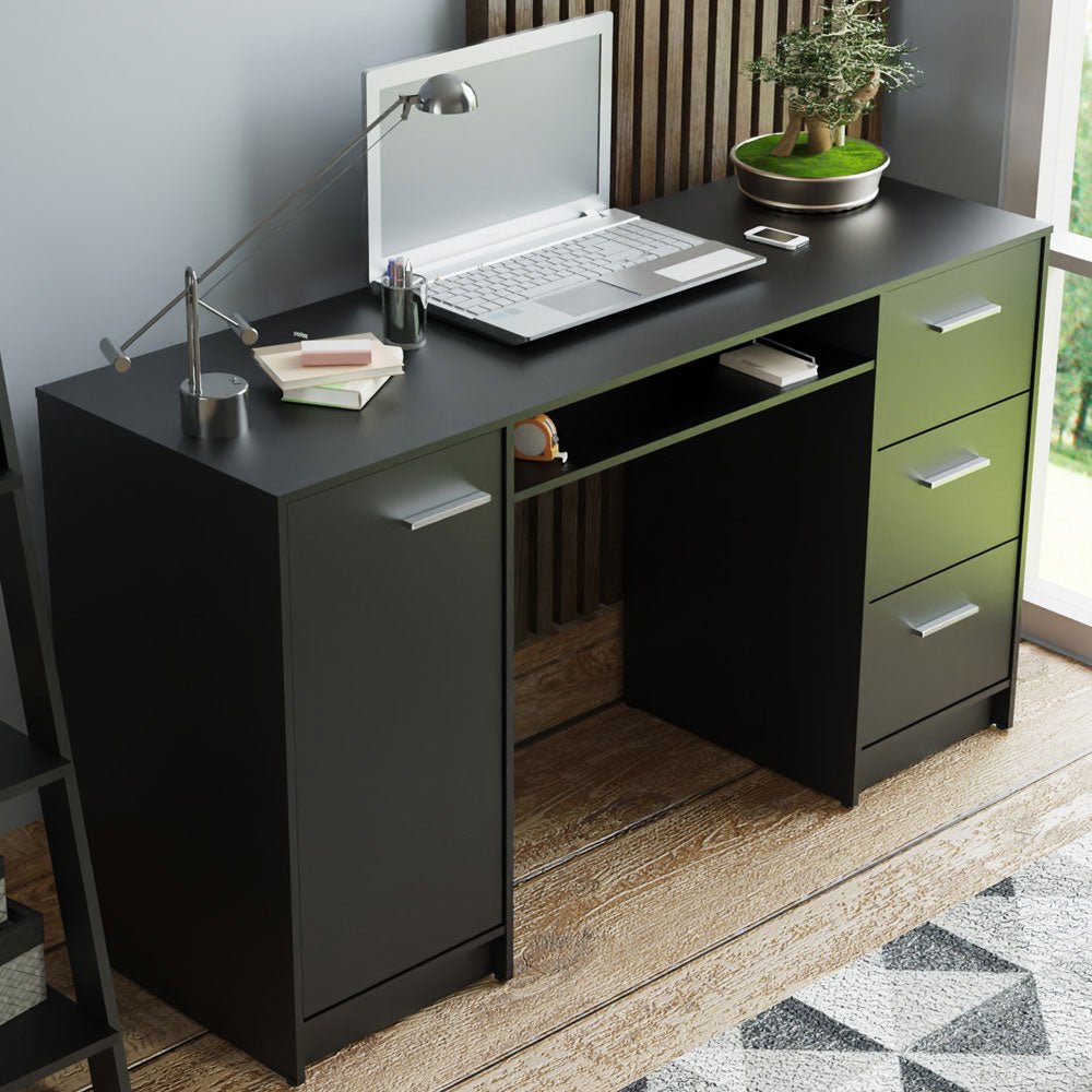 Combo Escritorio y Biblioteca Alaska Negro 136x77cm con Tres Cajones y con Archivador - ESCRITORIOS | Bylmo