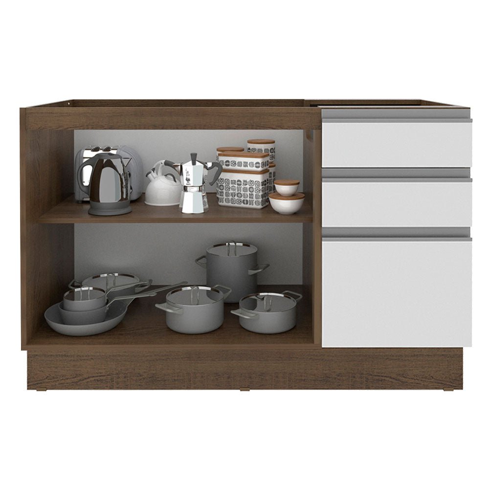 Mueble Inferior de Cocina Glamy Marron y Blanco 120x81cm sin Mesón sin Estufa y con Tres Cajones - MUEBLES INFERIORES DE COCINA | Bylmo