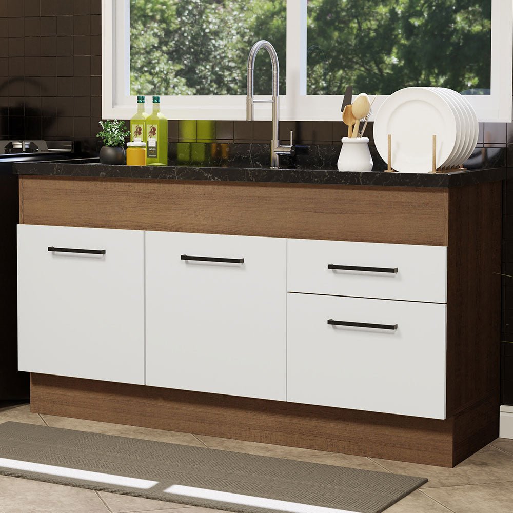Mueble Inferior de Cocina Agata Marron y Blanco 150x81cm sin Mesón sin Estufa y con Dos Cajones - MUEBLES INFERIORES DE COCINA | Bylmo