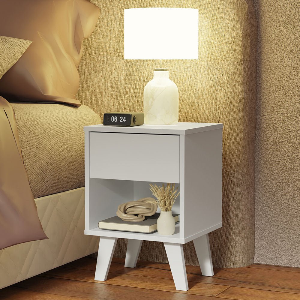 Mesa de Noche x 2 Blanco 35x51cm con Patas y con Dos Cajones - MESAS DE NOCHE | Bylmo