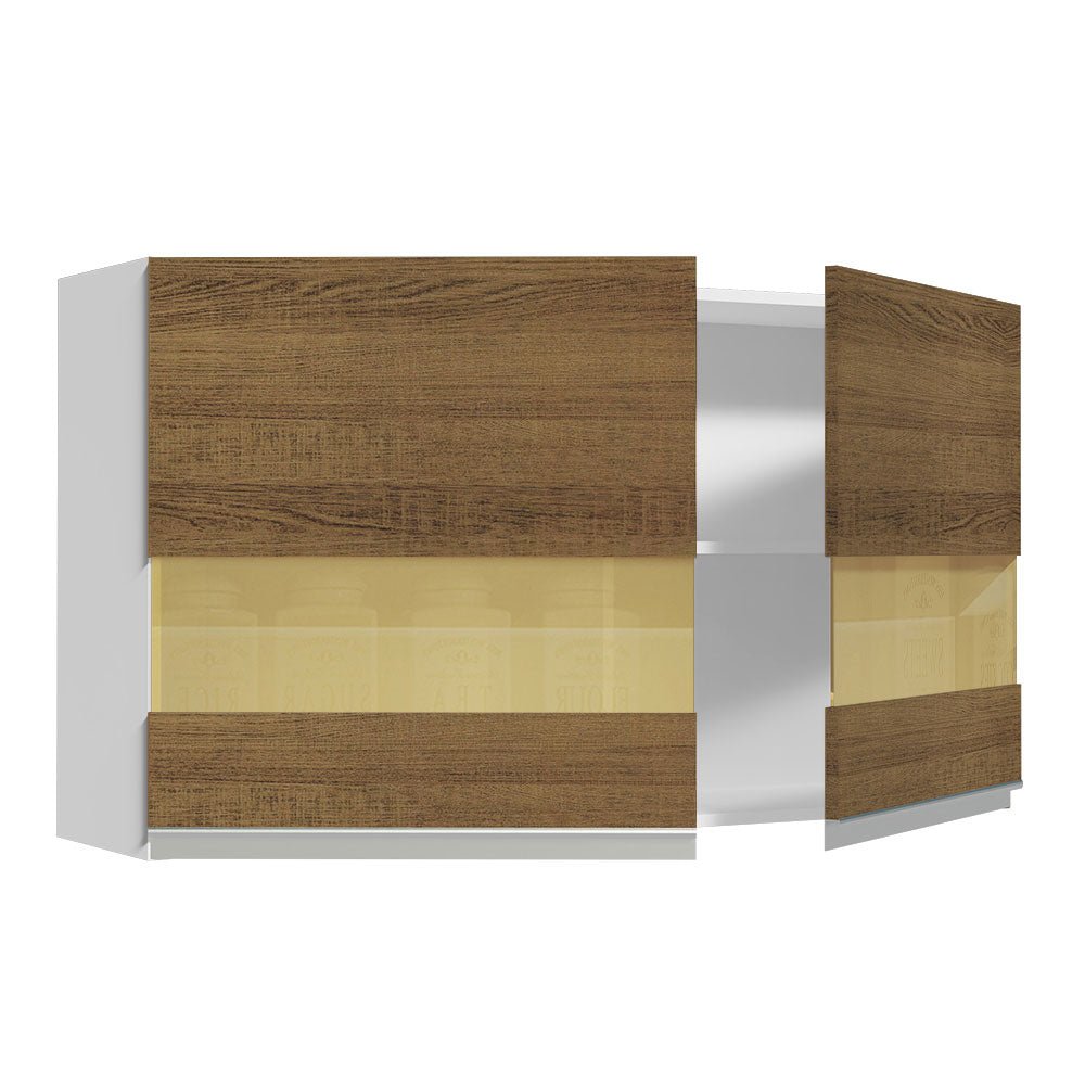 Gabinete de Cocina Glamy Blanco y Marron 120x66cm Flotante con Dos Puertas y Vidrios Reflectantes - ALACENAS Y MUEBLES MICROONDAS | Bylmo