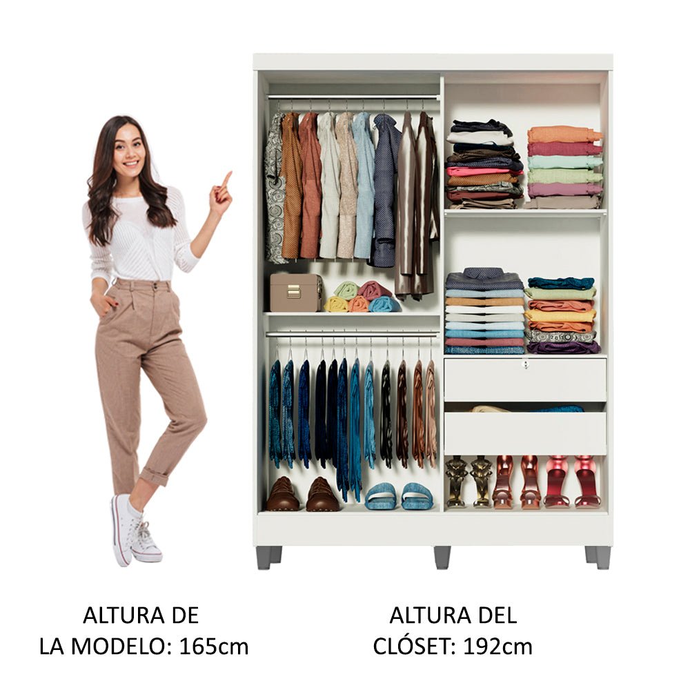Closet Luke Blanco 120x192cm con Espejo con Dos Cajones y con Tres Entrepaños - CLOSETS | Bylmo